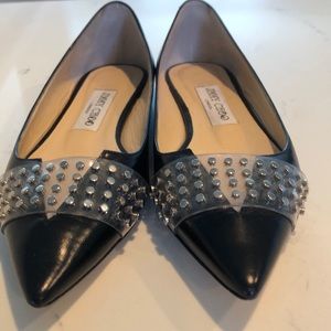 Jimmy Choo black flats, pointed toe, silver studs.